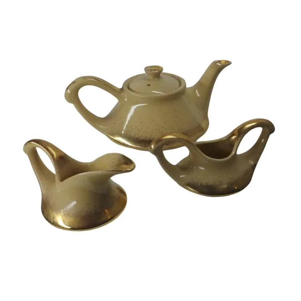 Vintage Pearl Ceramic Tea  Set, Yellow, Gilded 22k Carat Accents, 3 Piece Set